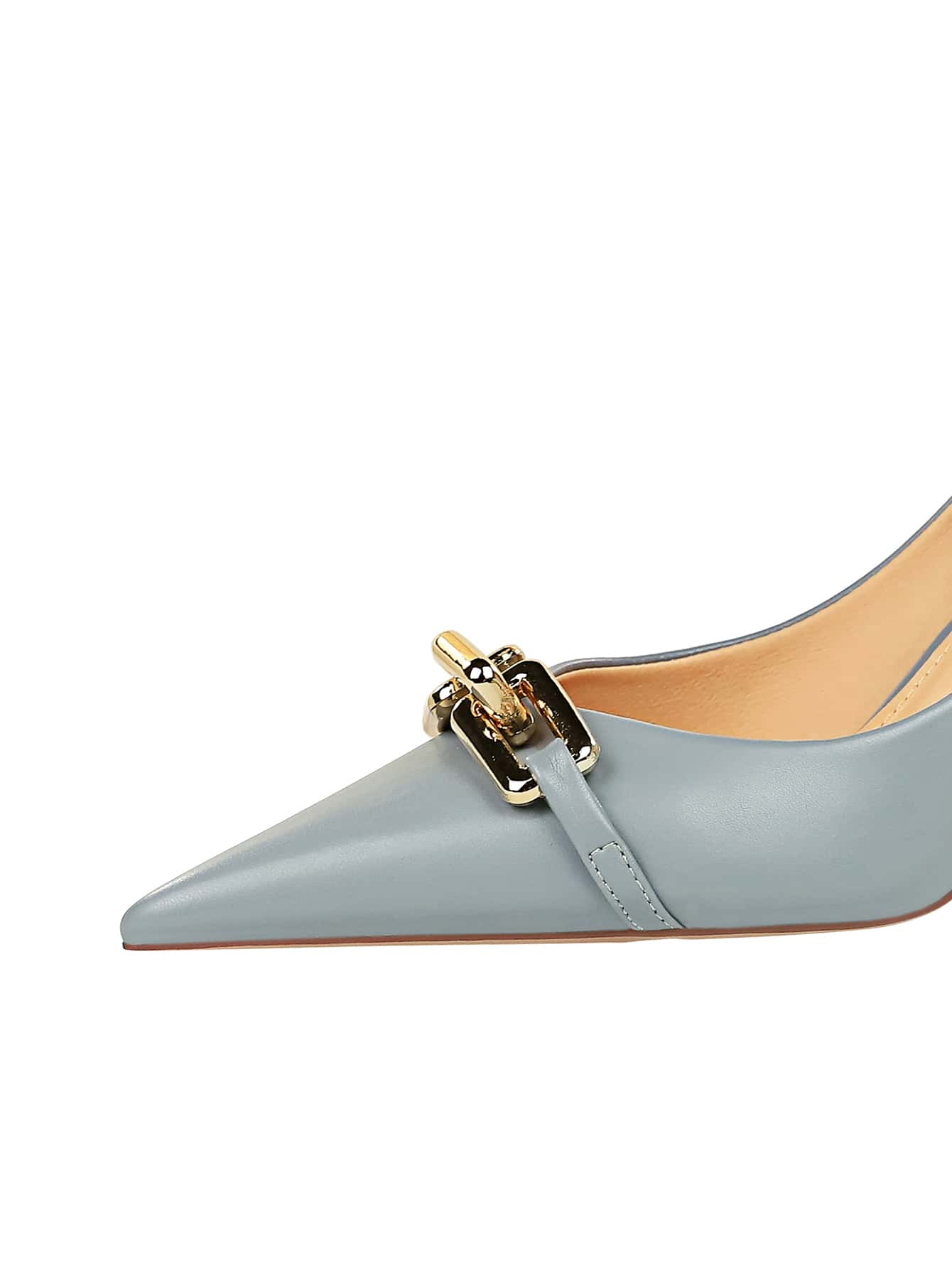 Chain Decor Point Toe Stiletto Heeled Court Pumps, Fashionable Metal Chain In Smog Blue, Pure Metallic Monochrome High Heels For Women Dusty Blue
