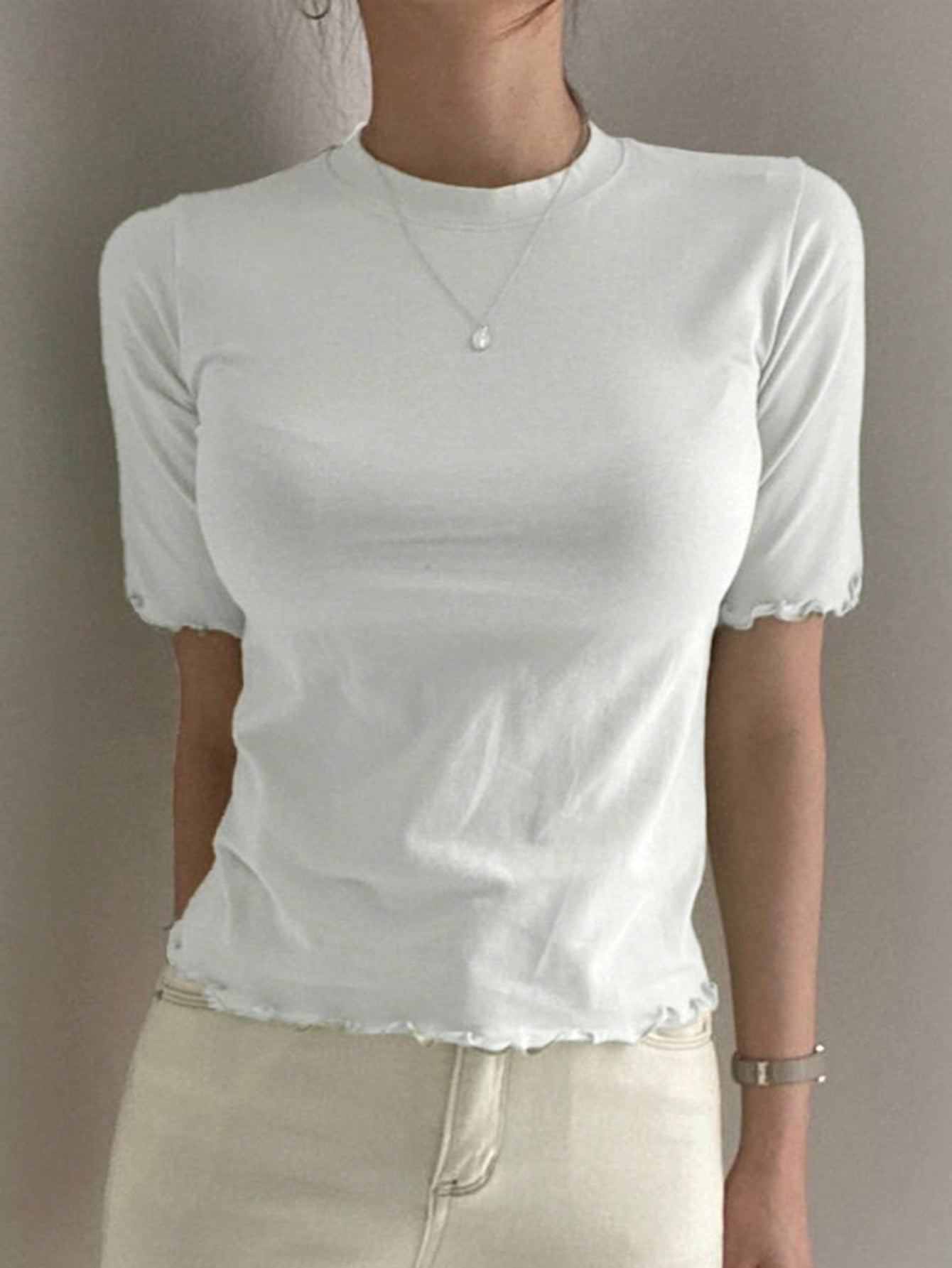 DAZY Women's Solid Color Slim Fit T-Shirt With Flounced Edges White