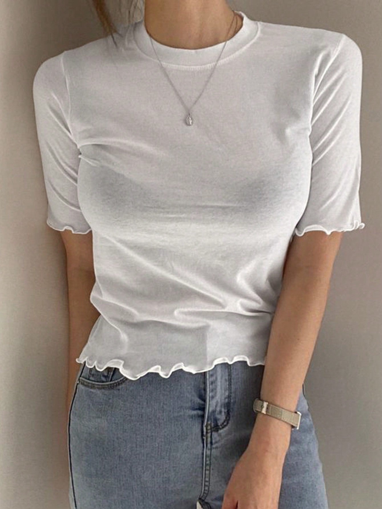 DAZY Women's Solid Color Slim Fit T-Shirt With Flounced Edges White