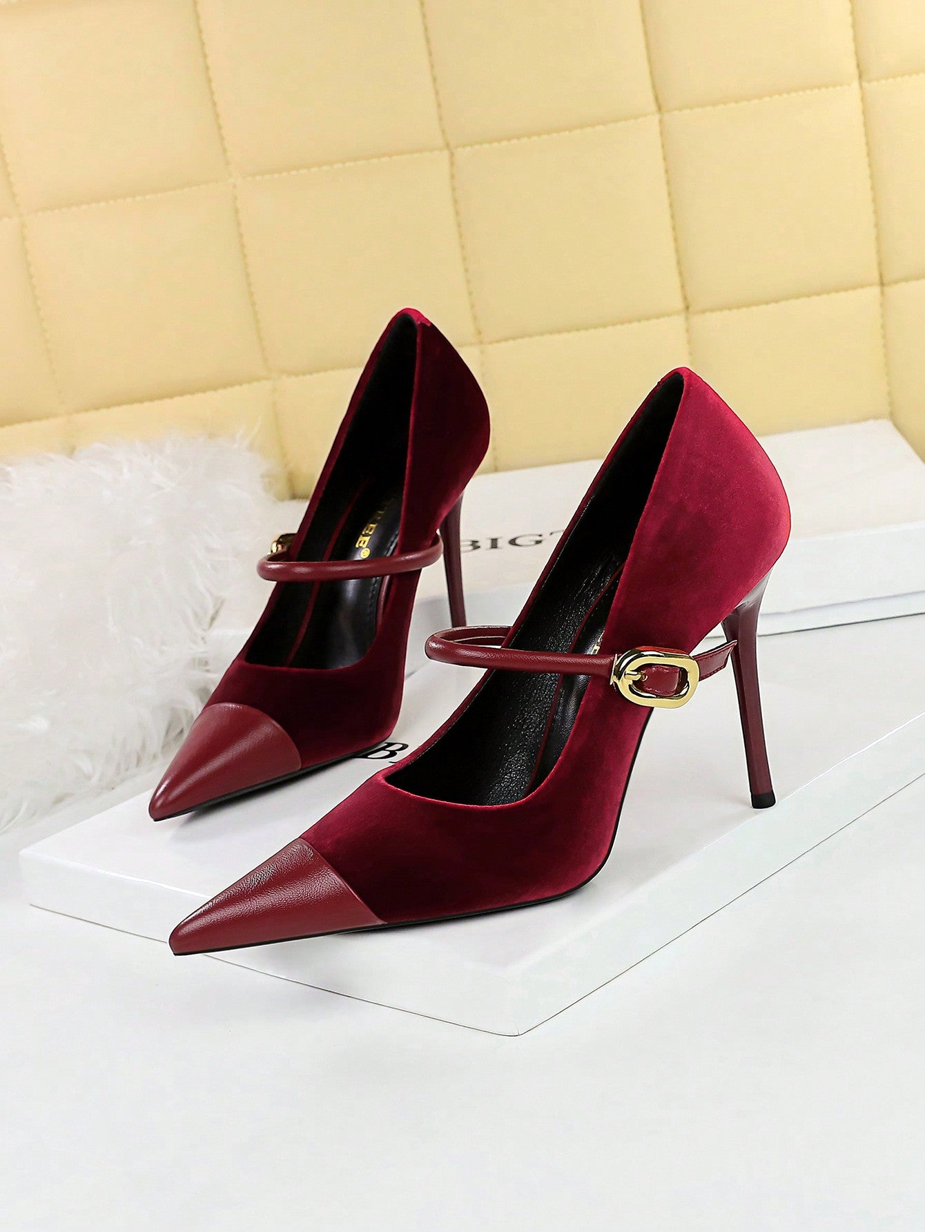 Party High Heels Thin Heels Low Vamp Pointed Suede & Metallic Buckle Detail Single Strap Women's Shoes Burgundy