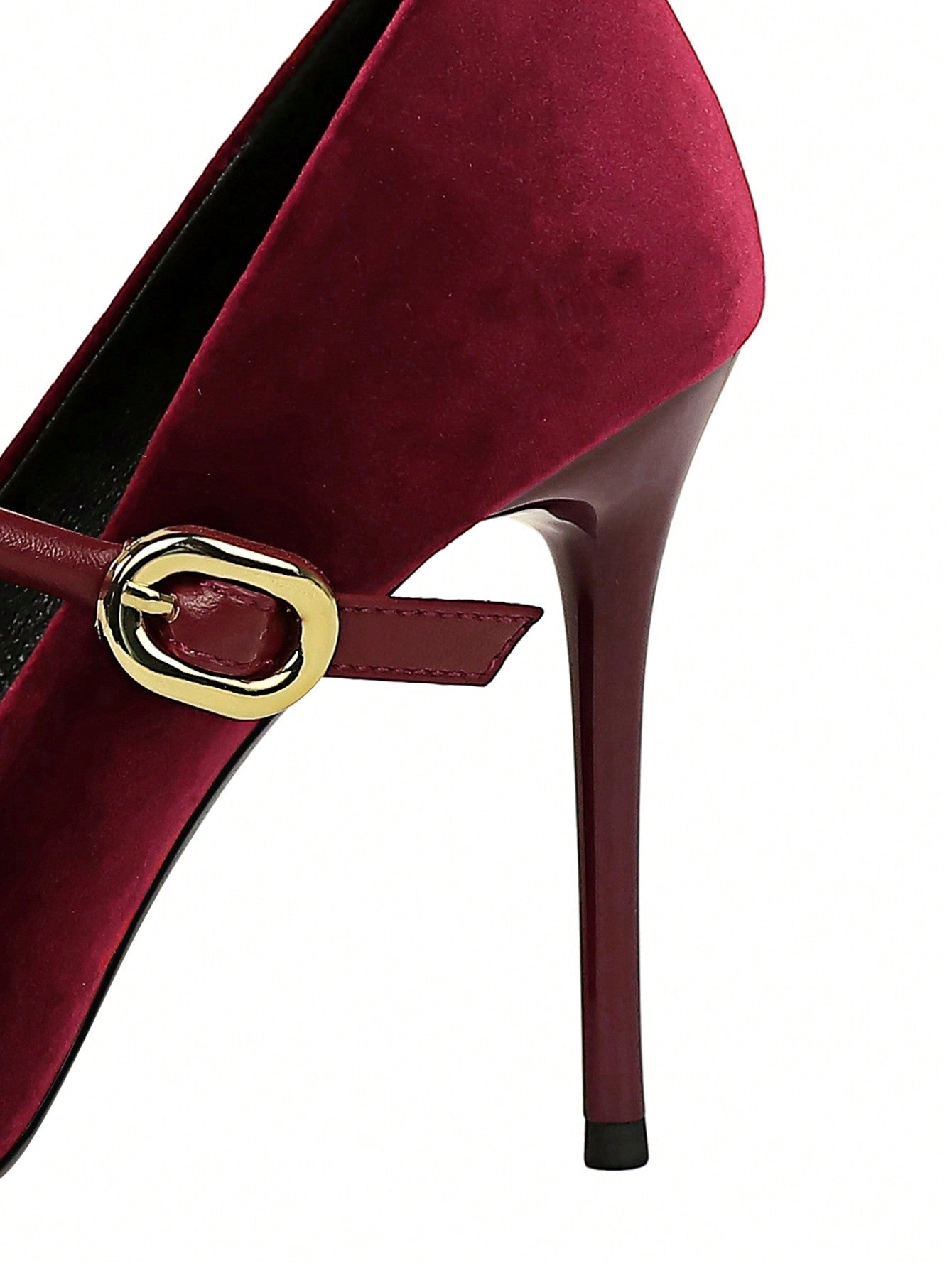 Party High Heels Thin Heels Low Vamp Pointed Suede & Metallic Buckle Detail Single Strap Women's Shoes Burgundy