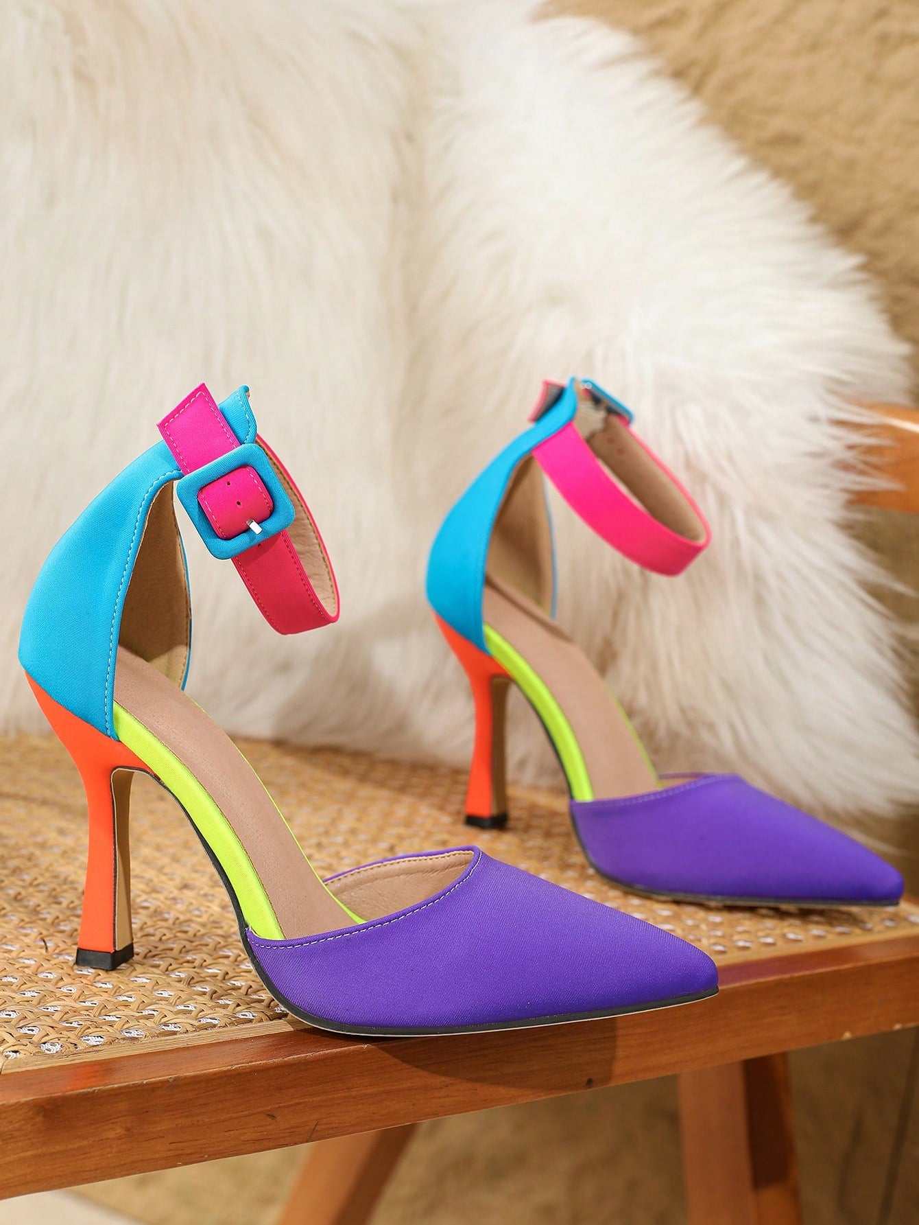 New European And American Women High Heels, Fashionable Pointed Toe, Slimming, Stilettos, All-Match Color Matching Shoes For All Seasons Valentines Multicolor