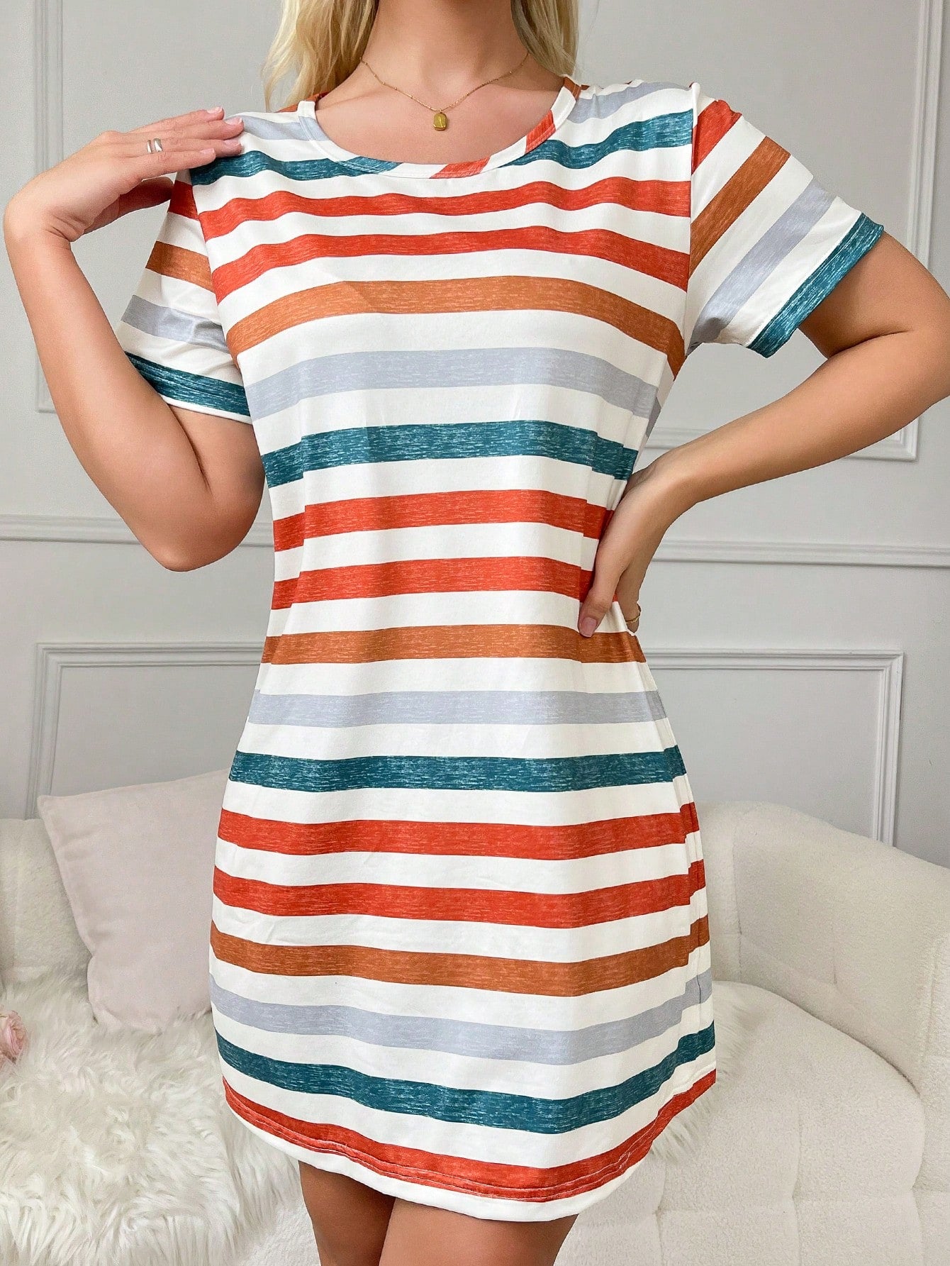 Colorful Striped Printed Short Sleeve T-Shirt Pajama Sleepwear Dress, Summer Multicolor