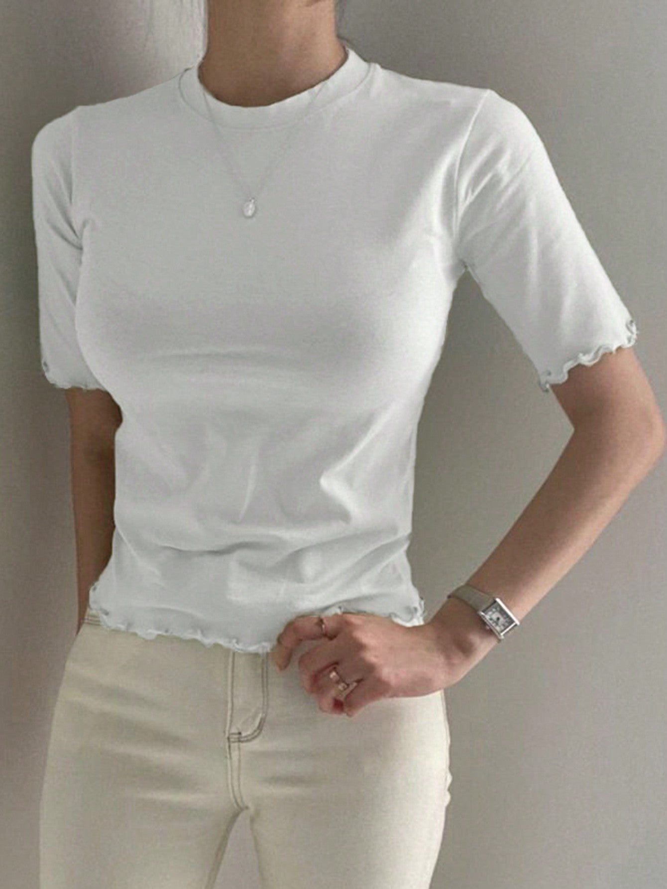 DAZY Women's Solid Color Slim Fit T-Shirt With Flounced Edges White
