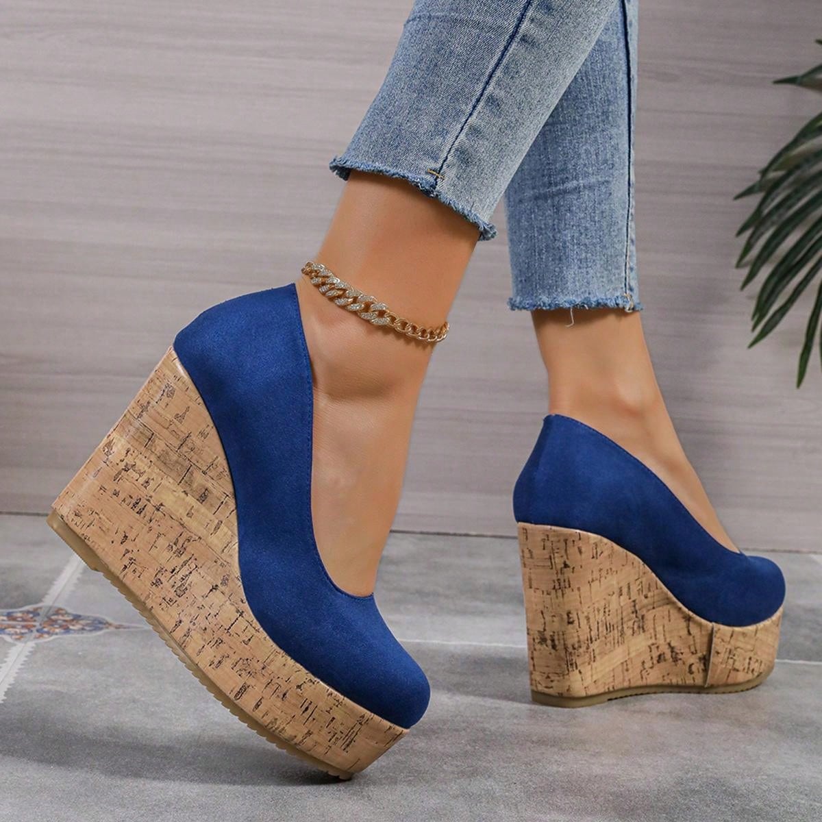 10cm Platform Women Casual Sneakers Comfortable Chunky Block Heel Color Block Slip-On Moccasins Royal Blue