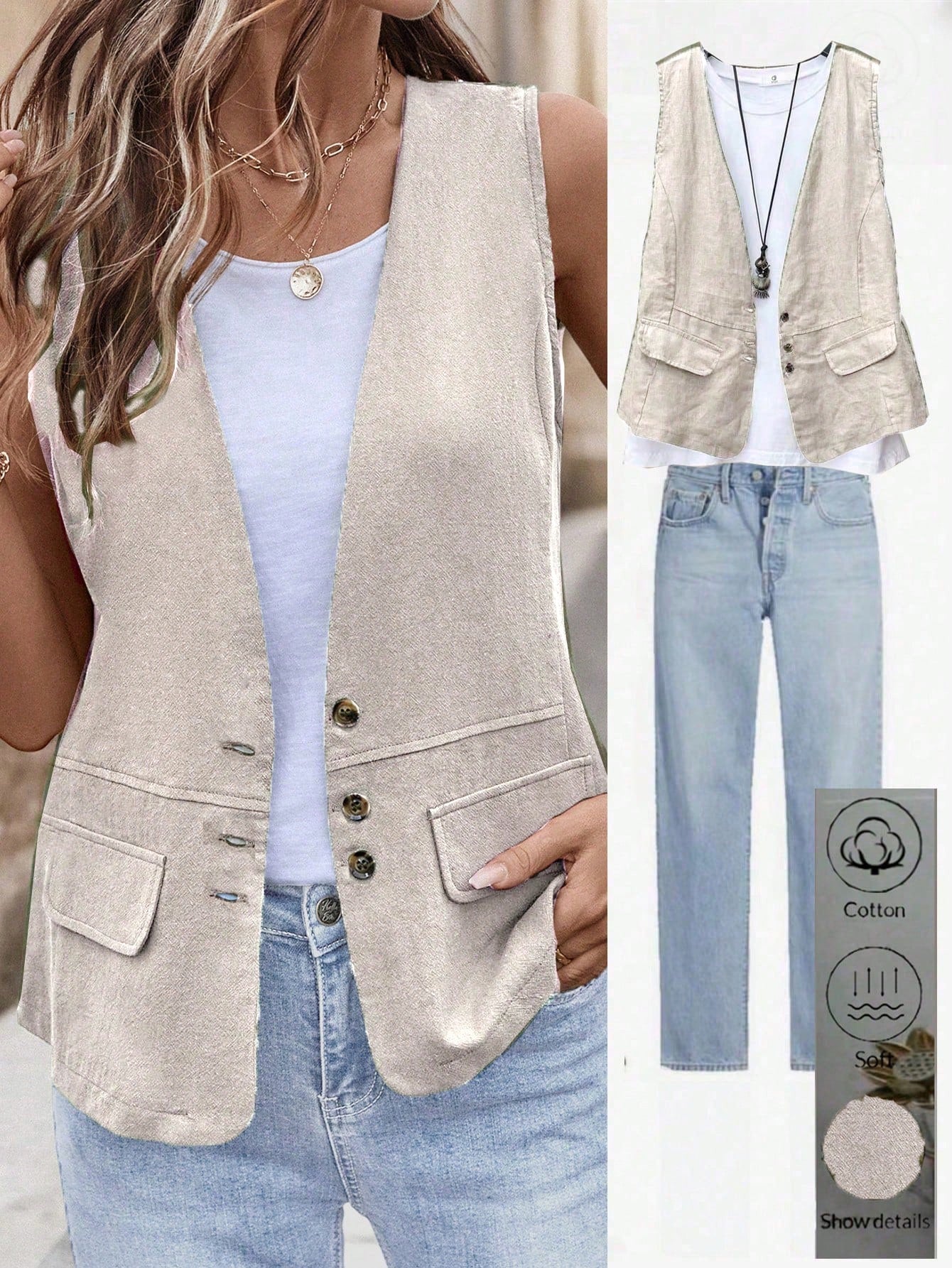 SHEIN JORESS Women's Drawstring Pocket Decorated Vest Jacket Apricot
