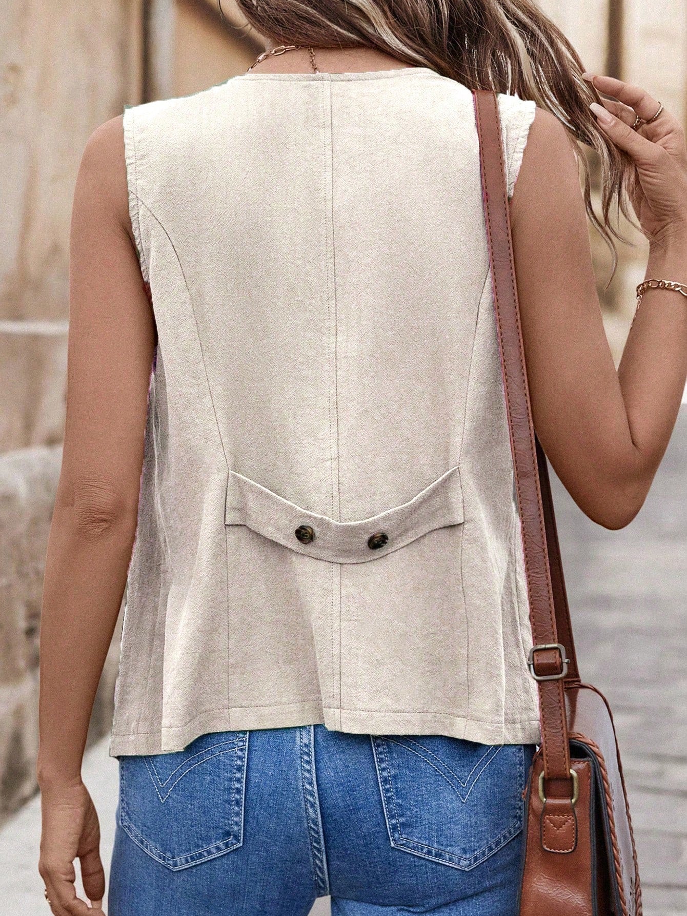 SHEIN JORESS Women's Drawstring Pocket Decorated Vest Jacket Apricot