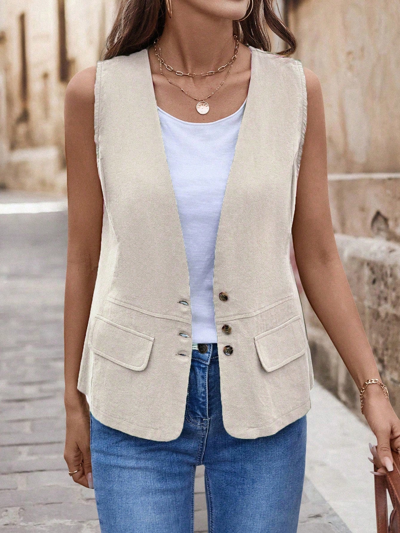 SHEIN JORESS Women's Drawstring Pocket Decorated Vest Jacket Apricot