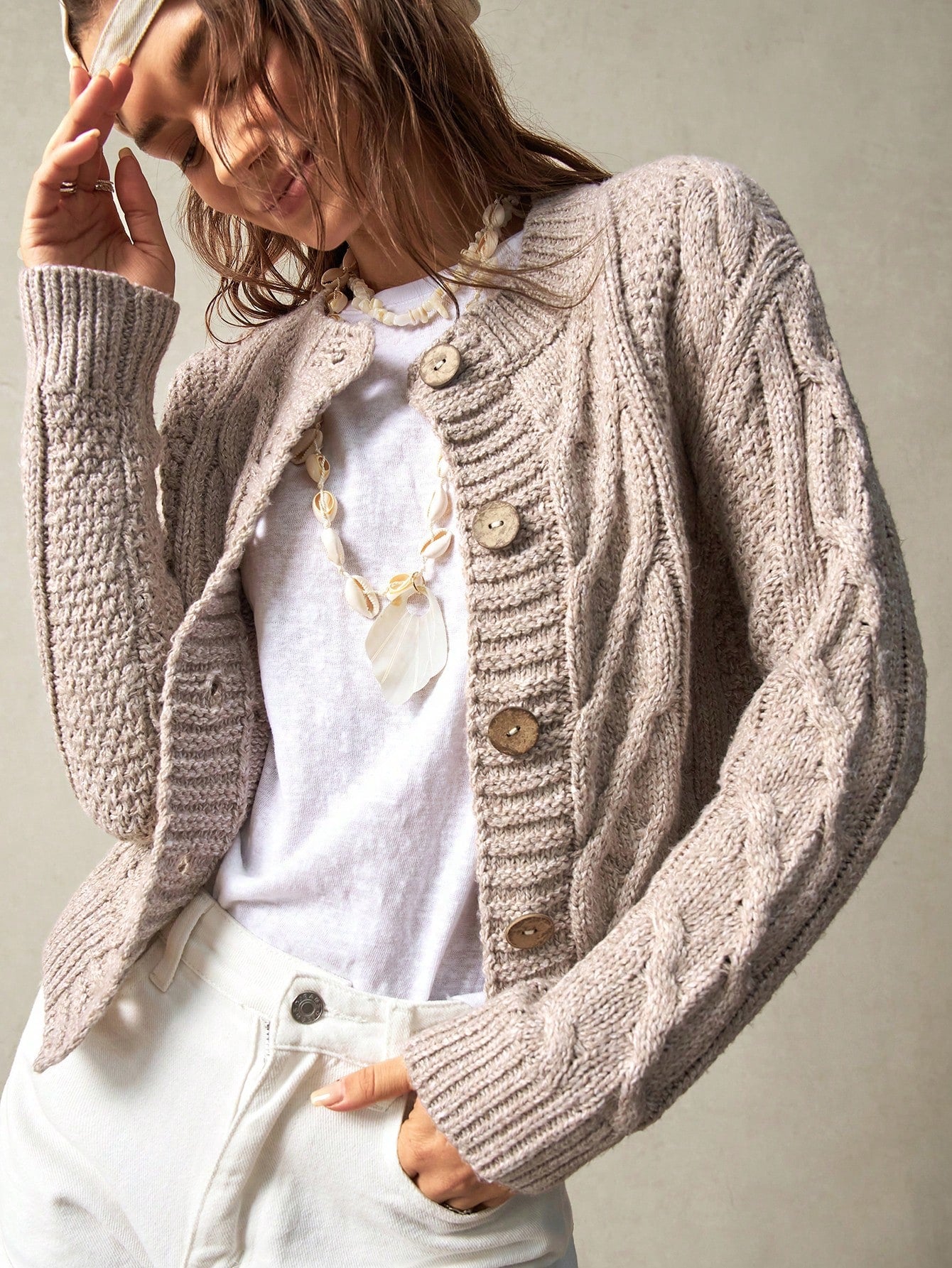 Bohemela Women's Loose Fit Solid Round Neck Long Sleeve Cardigan For Vacation,Long Sleeve Tops Apricot