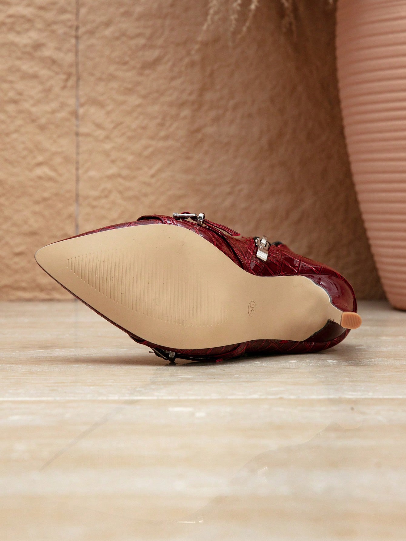Women Fashion Ankle Boots With Rivets, Pointy Toe High Heels, Stone Texture, Wine Red Color, Versatile For Autumn/Winter Burgundy