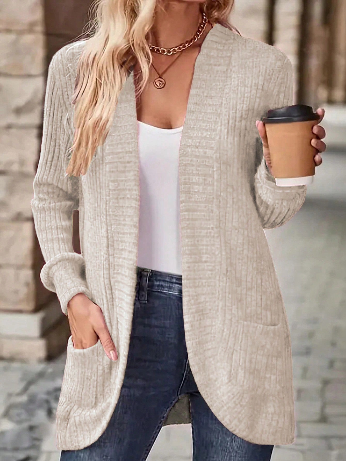 SHEIN LUNE Women's Casual Ribbed Brushed Cardigan With Side Pockets & Shorts Set Apricot