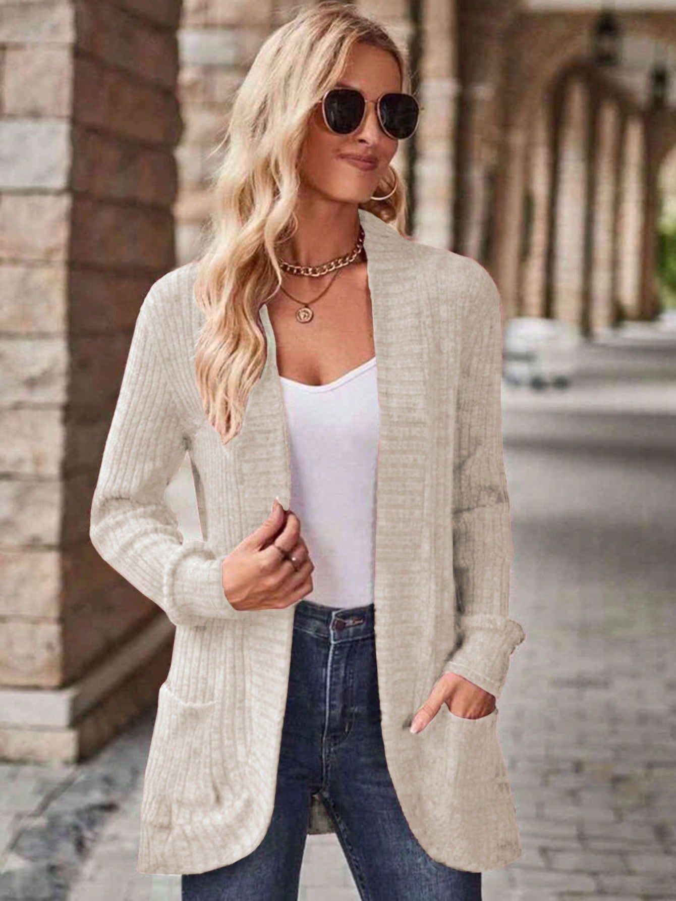 SHEIN LUNE Women's Casual Ribbed Brushed Cardigan With Side Pockets & Shorts Set Apricot