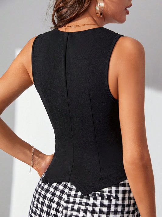 SHEIN Tall Solid Button Front Vest Blazer Black