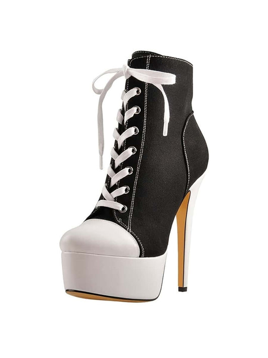 Women's Black High Heel Thick Bottom Contrasting Color Lace-up Canvas Ankle Boots Black and White