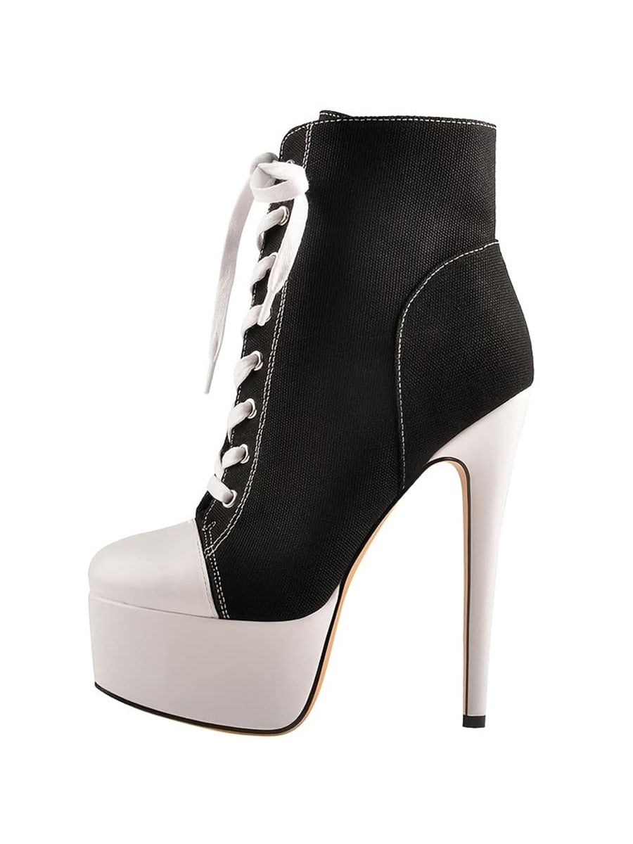 Women's Black High Heel Thick Bottom Contrasting Color Lace-up Canvas Ankle Boots Black and White