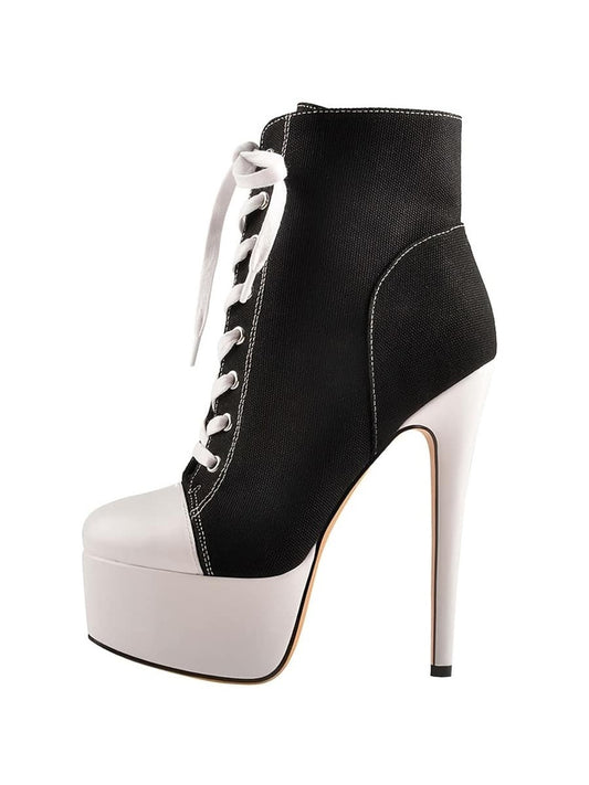 Women's Black High Heel Thick Bottom Contrasting Color Lace-up Canvas Ankle Boots Black and White