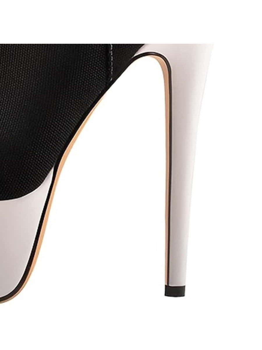Women's Black High Heel Thick Bottom Contrasting Color Lace-up Canvas Ankle Boots Black and White