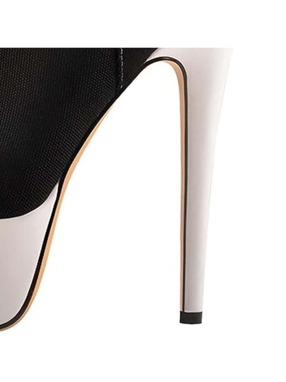 Women's Black High Heel Thick Bottom Contrasting Color Lace-up Canvas Ankle Boots Black and White