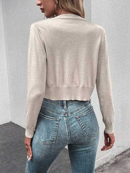 SHEIN LUNE Solid Button Front Crop Cardigan Khaki