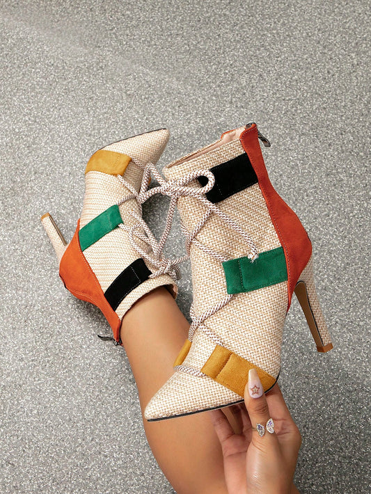 Women's Pointed Toe Stiletto Heeled Ankle Boots Of Classic Style With Cross Straps, Color Blocking Orange And Back Zip Multicolor