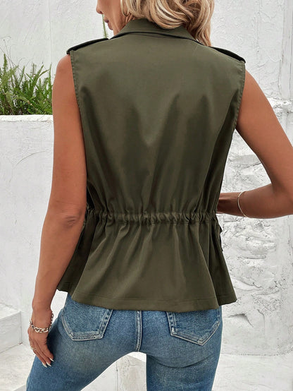 SHEIN LUNE Women's Drawstring Waist Zippered Vest Jacket Army Green