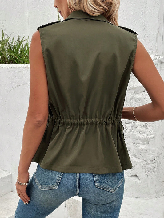 SHEIN LUNE Women's Drawstring Waist Zippered Vest Jacket Army Green