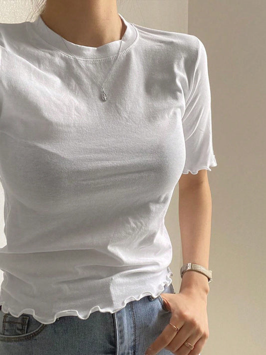 DAZY Women's Solid Color Slim Fit T-Shirt With Flounced Edges White