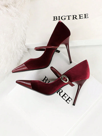 Party High Heels Thin Heels Low Vamp Pointed Suede & Metallic Buckle Detail Single Strap Women's Shoes Burgundy