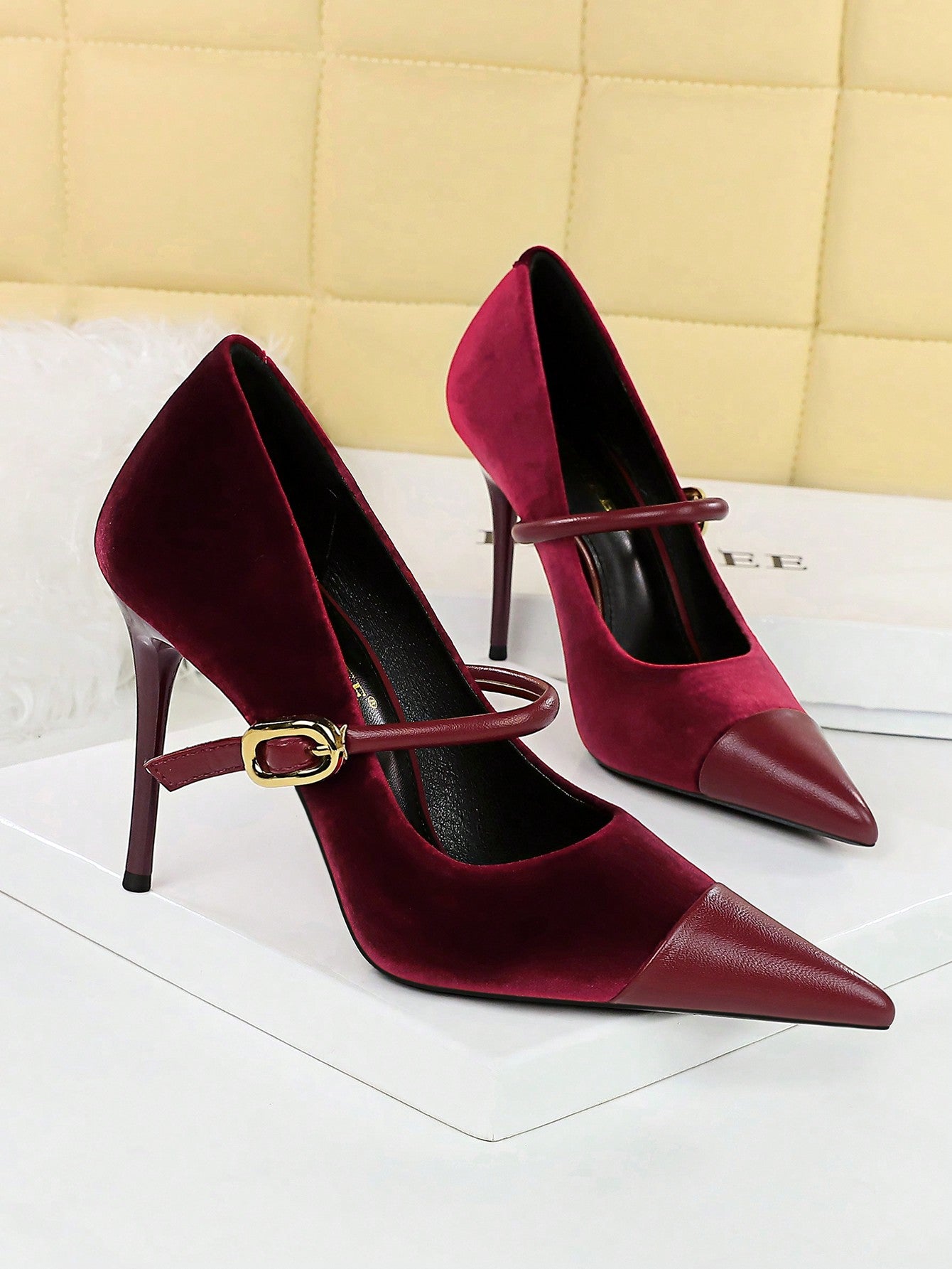 Party High Heels Thin Heels Low Vamp Pointed Suede & Metallic Buckle Detail Single Strap Women's Shoes Burgundy
