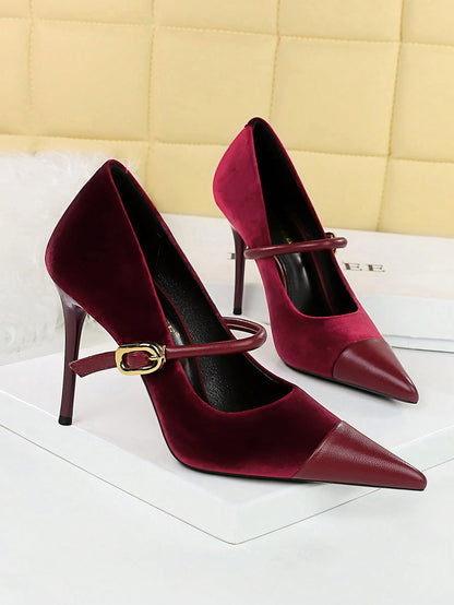 Party High Heels Thin Heels Low Vamp Pointed Suede & Metallic Buckle Detail Single Strap Women's Shoes Burgundy