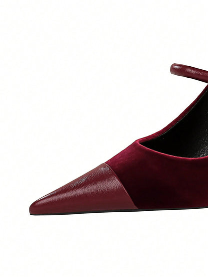 Party High Heels Thin Heels Low Vamp Pointed Suede & Metallic Buckle Detail Single Strap Women's Shoes Burgundy