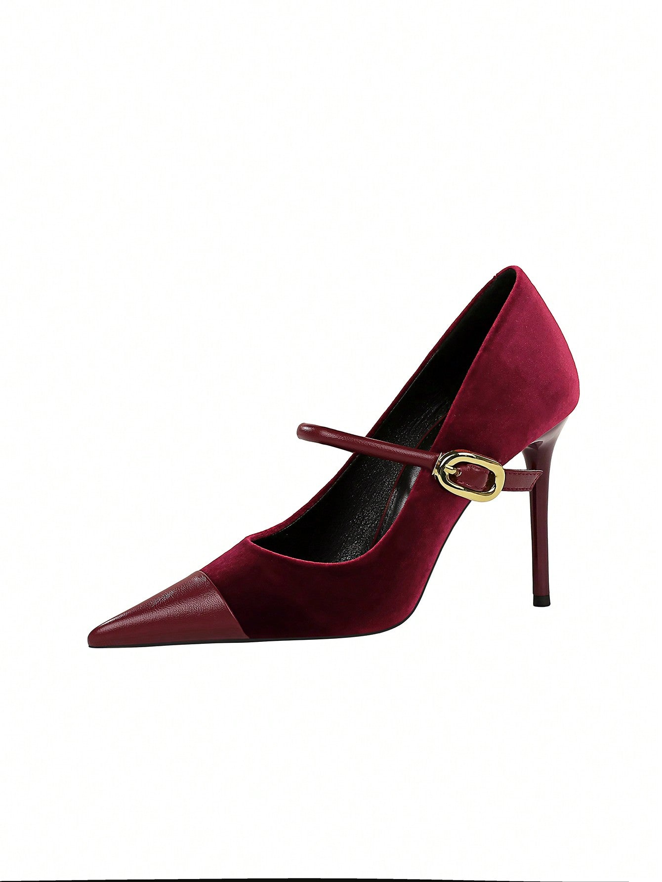 Party High Heels Thin Heels Low Vamp Pointed Suede & Metallic Buckle Detail Single Strap Women's Shoes Burgundy