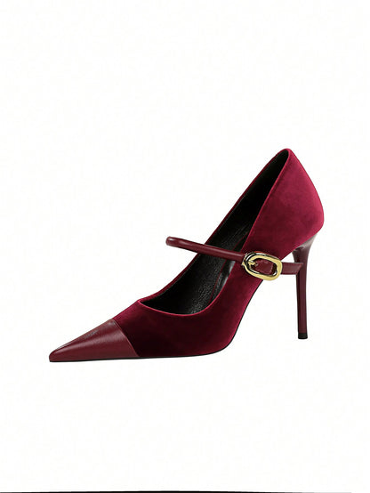 Party High Heels Thin Heels Low Vamp Pointed Suede & Metallic Buckle Detail Single Strap Women's Shoes Burgundy