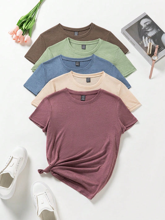 INAWLY Crew Neck Solid Color Short Sleeve Women's T-Shirt Multicolor