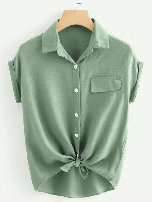 SHEIN LUNE Rolled Cuff Knotted Hem Shirt Mint Green
