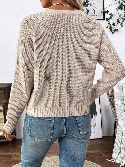 SHEIN LUNE Versatile V-Neck Cardigan Sweater For Women, Loose And Simple Style,Long Sleeve Tops Apricot