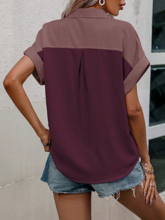SHEIN LUNE Contrast Color Button Front Pocket Short Sleeve Shirt, Summer,Short Sleeve Tops Red Violet