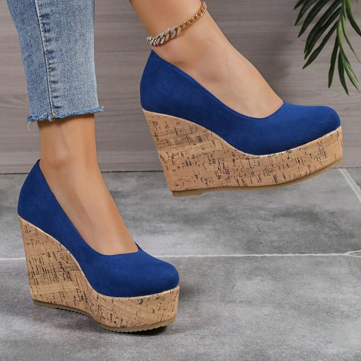 10cm Platform Women Casual Sneakers Comfortable Chunky Block Heel Color Block Slip-On Moccasins Royal Blue