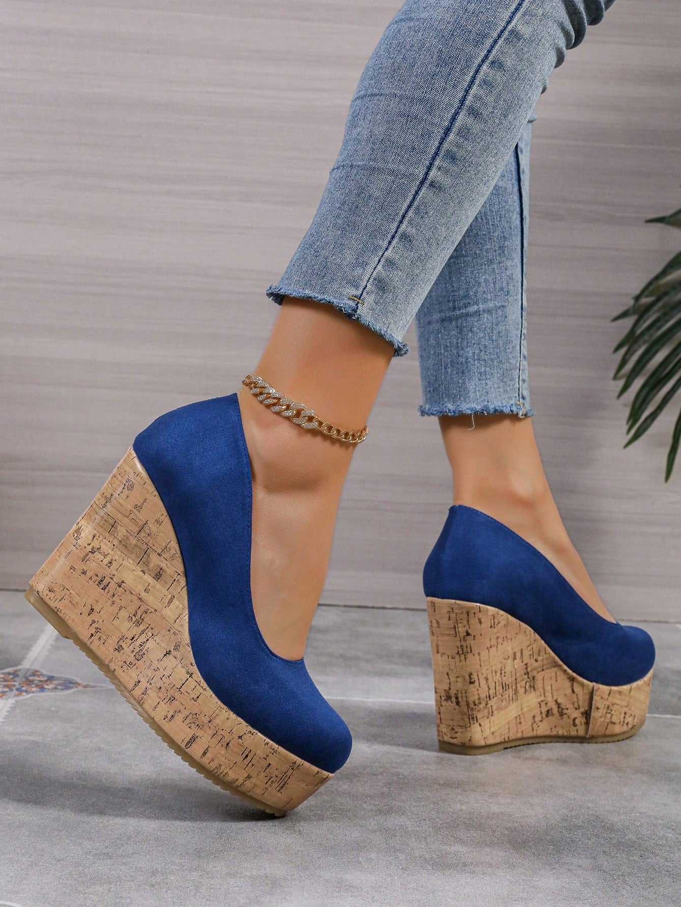 10cm Platform Women Casual Sneakers Comfortable Chunky Block Heel Color Block Slip-On Moccasins Royal Blue