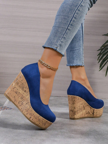 10cm Platform Women Casual Sneakers Comfortable Chunky Block Heel Color Block Slip-On Moccasins Royal Blue