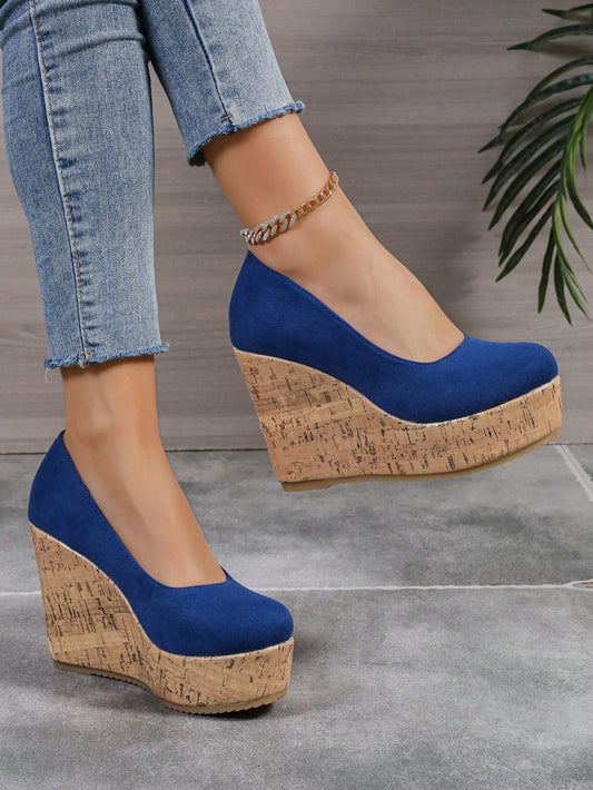 10cm Platform Women Casual Sneakers Comfortable Chunky Block Heel Color Block Slip-On Moccasins Royal Blue