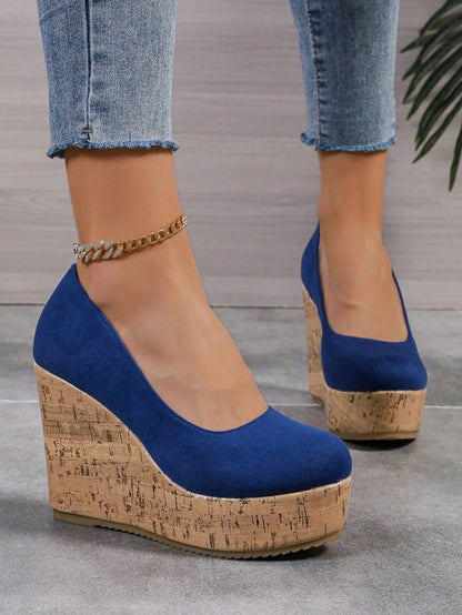 10cm Platform Women Casual Sneakers Comfortable Chunky Block Heel Color Block Slip-On Moccasins Royal Blue
