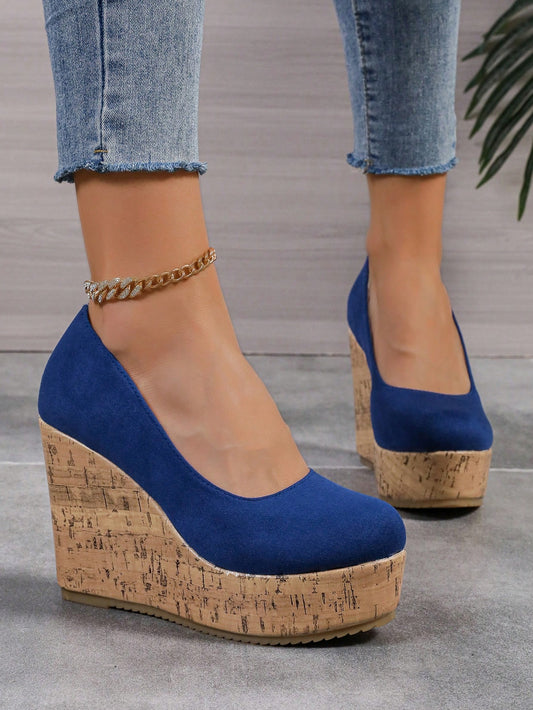 10cm Platform Women Casual Sneakers Comfortable Chunky Block Heel Color Block Slip-On Moccasins Royal Blue