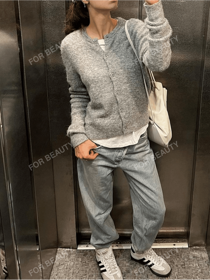 Autumn And Winter New Women's Round Neck Small Shell Twisted Buckle Long-Sleeved Knitted Cardigan Ms. Short Loose Slouchy Warm And Comfortable Solid Color Sweater Coat Spring Tops Light Grey