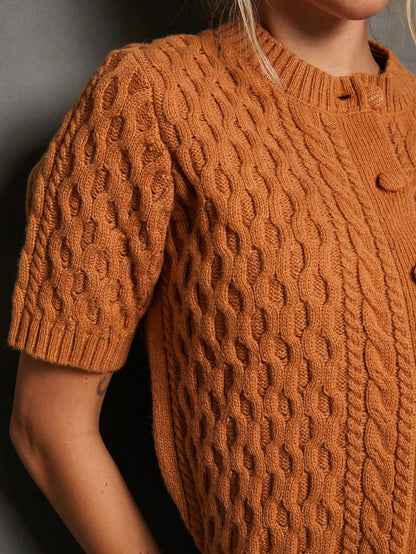WESTFADE Summer Cable Knit Crew Neck Button Front Short Sleeve Relaxed Cardigan Sweater Gold