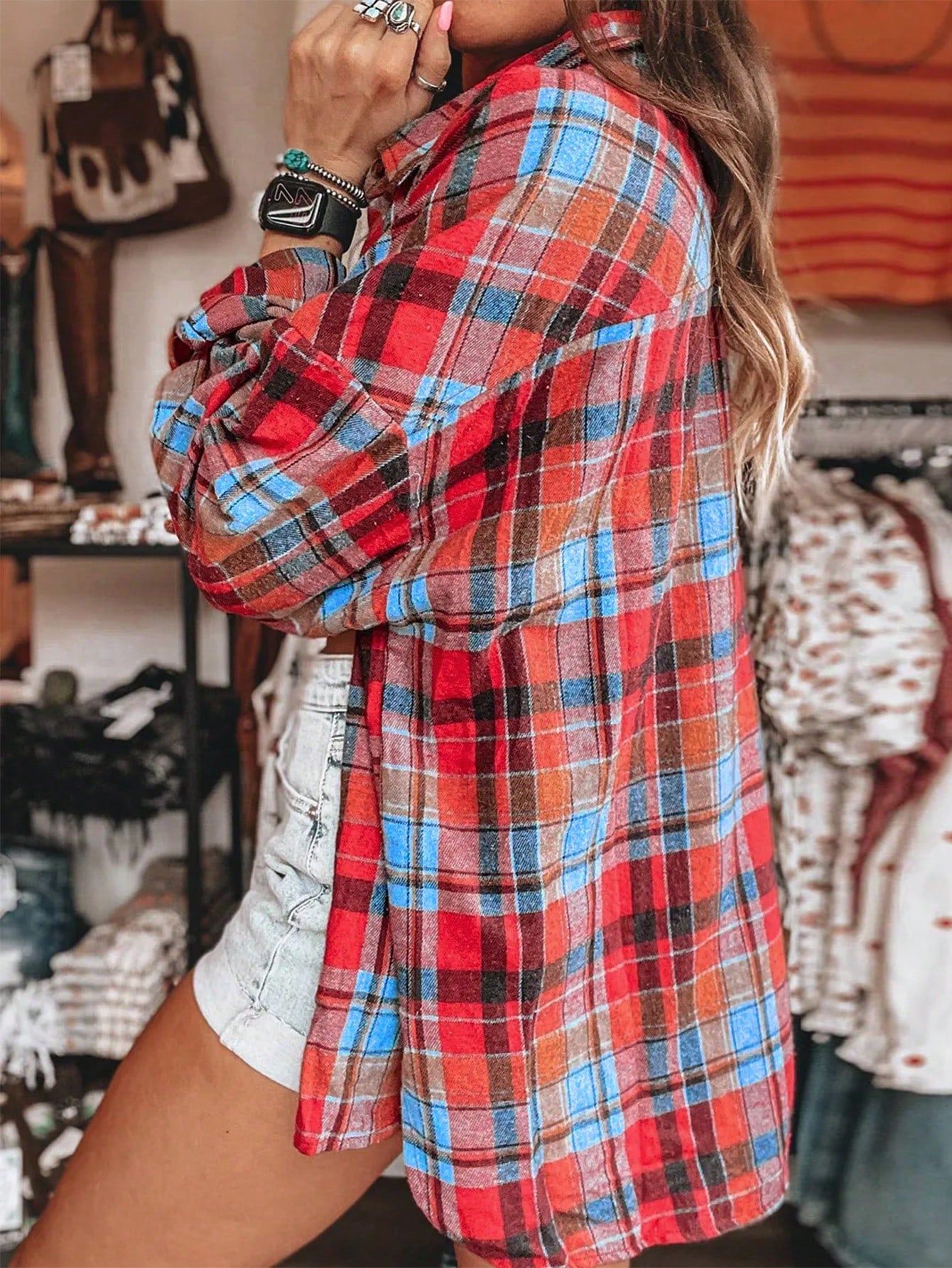 Women's Lightweight Red Checked Long Sleeve Shirt Jacket Tops - Casual Cardigan Outerwear, Ideal For Festivals And Parties, Button-Down Style, Versatile Layering Essential Red