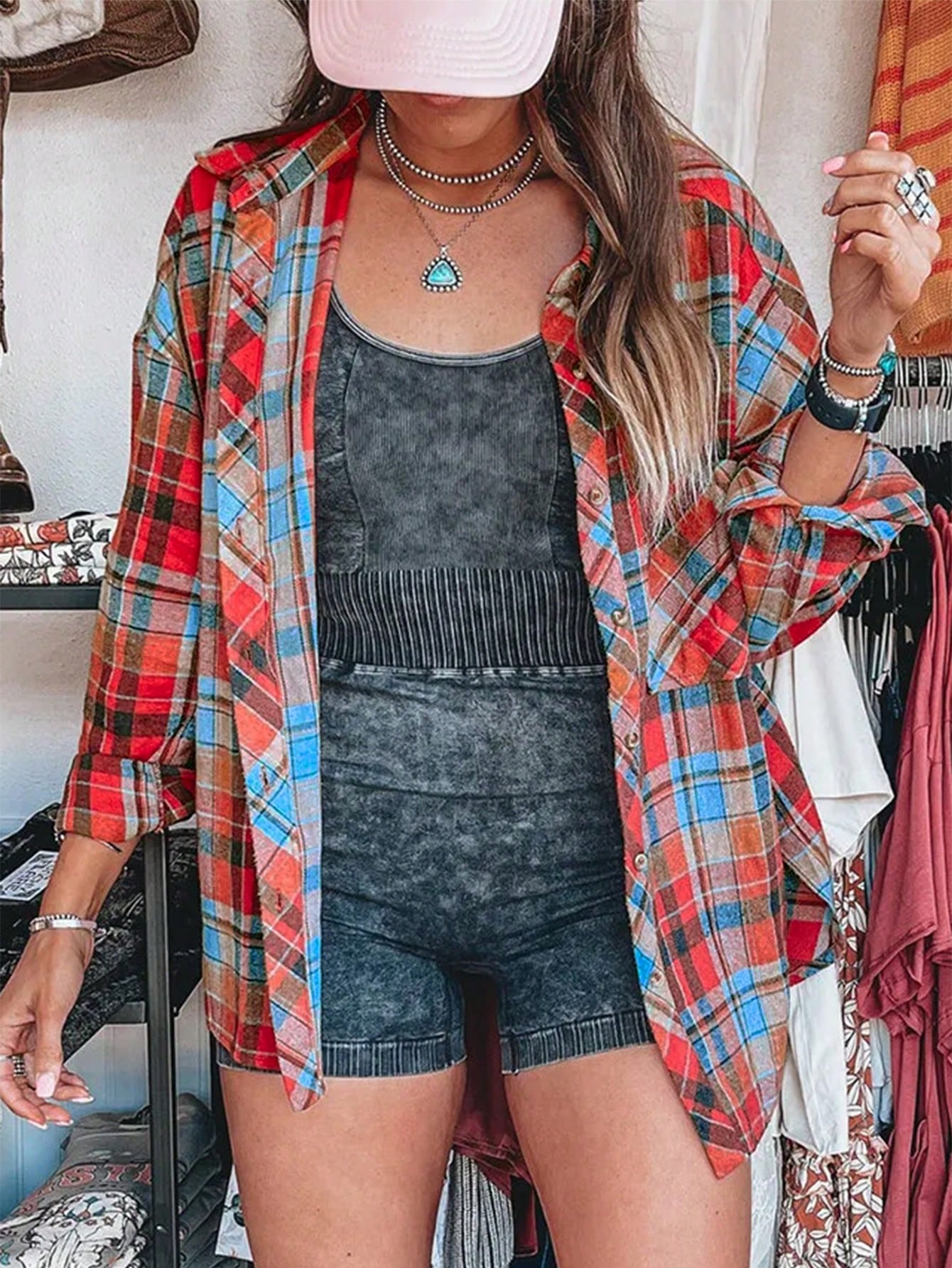 Women's Lightweight Red Checked Long Sleeve Shirt Jacket Tops - Casual Cardigan Outerwear, Ideal For Festivals And Parties, Button-Down Style, Versatile Layering Essential Red