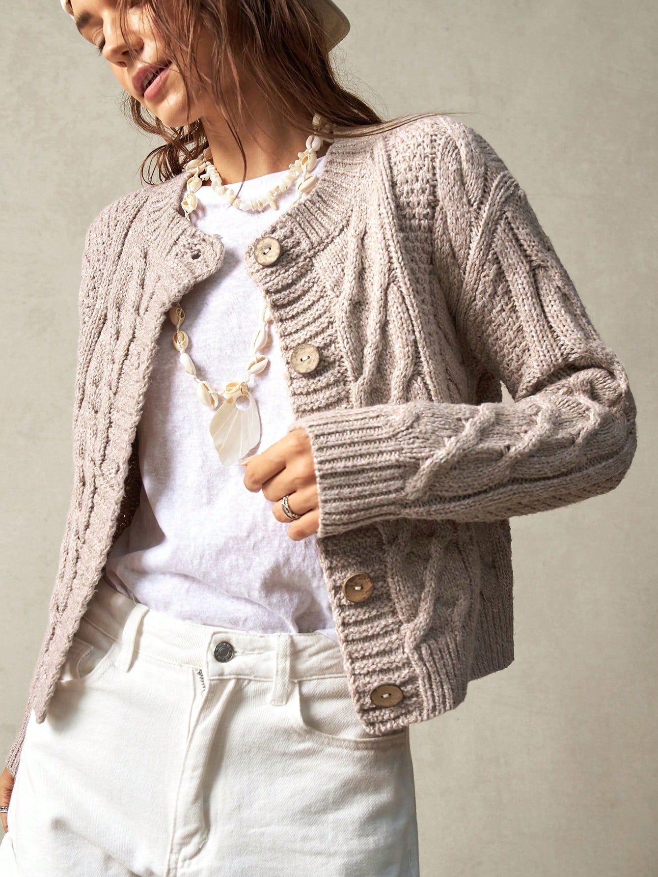 Bohemela Women's Loose Fit Solid Round Neck Long Sleeve Cardigan For Vacation,Long Sleeve Tops Apricot