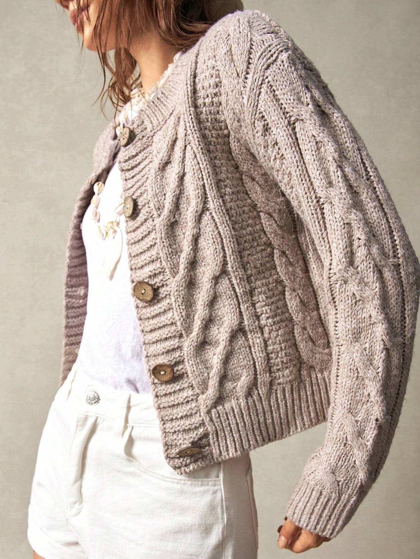 Bohemela Women's Loose Fit Solid Round Neck Long Sleeve Cardigan For Vacation,Long Sleeve Tops Apricot