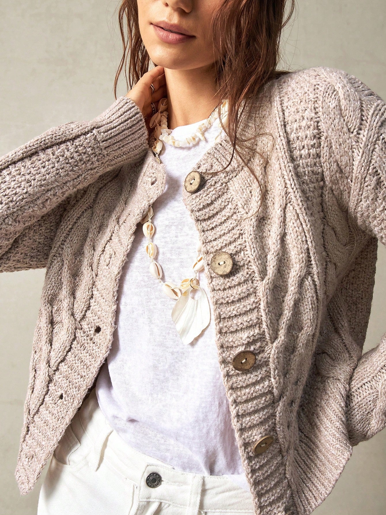 Bohemela Women's Loose Fit Solid Round Neck Long Sleeve Cardigan For Vacation,Long Sleeve Tops Apricot